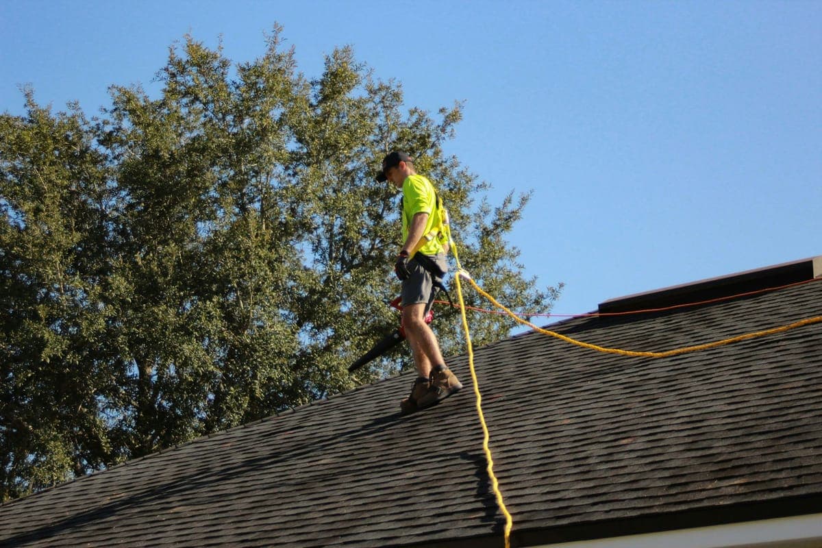 Flint & Gable roofer walking a shingle ridge, tied off under a clear sky